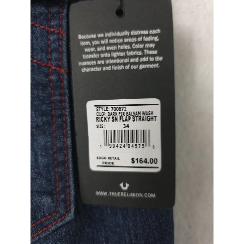 True Religion Ricky SN Flap Straight Style 700872 Dark Fir Balsam Wash Sz 34x34